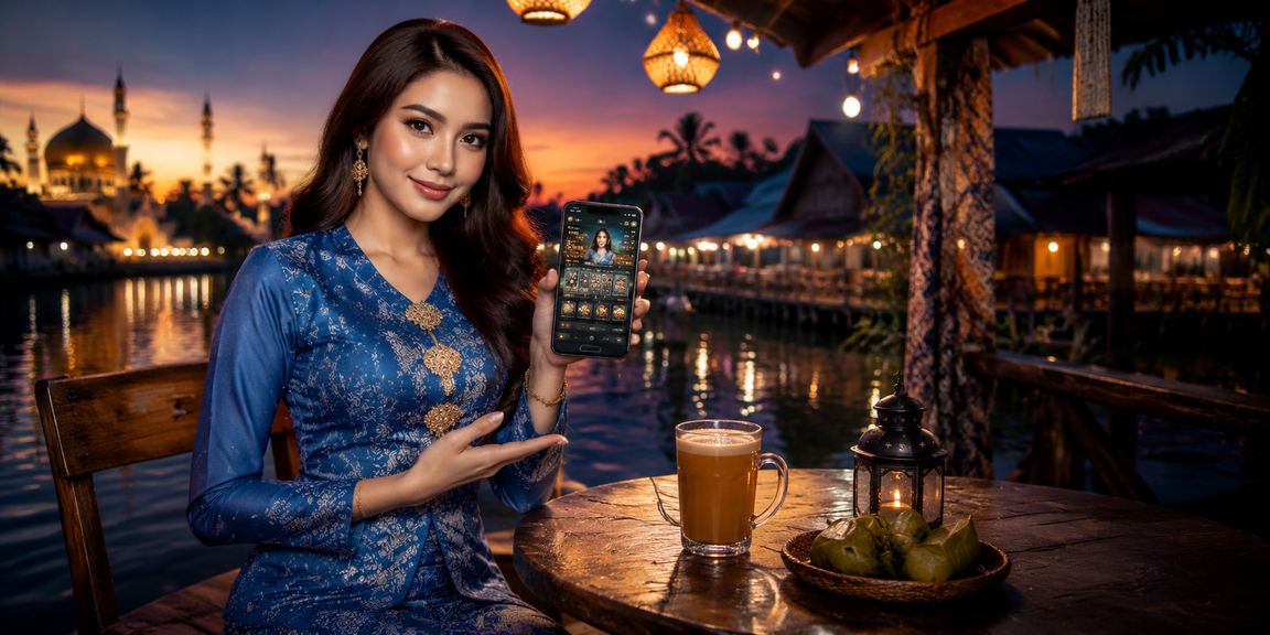 Pengguna Malaysia mengakses platform kasino mk1 melalui telefon pintar dengan pakaian baju kurung